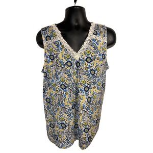 Style & Co Floral‎ Tank Top Crochet Trim Sleeveless Blouse Global Retreat 1X